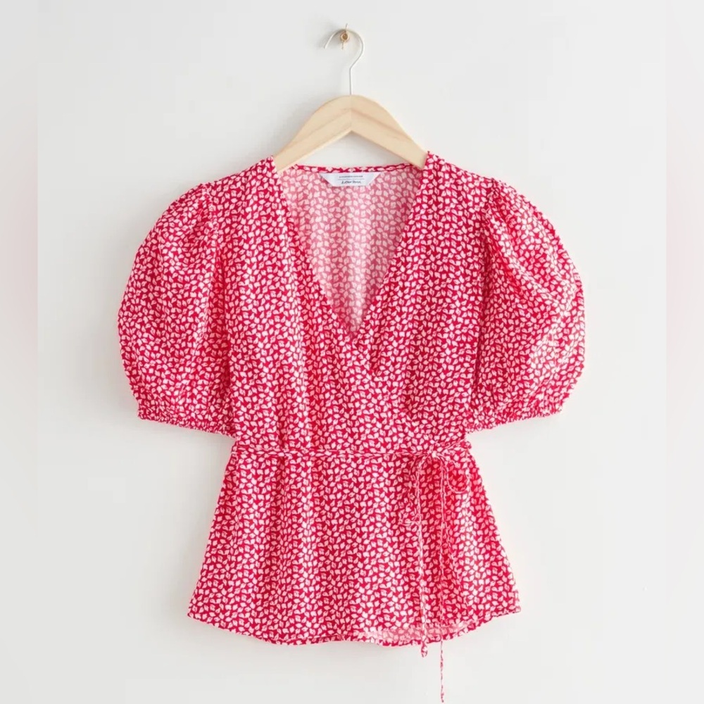 & OTHER STORIES Red Printed Puff Sleeve Wrap Top Size 4
